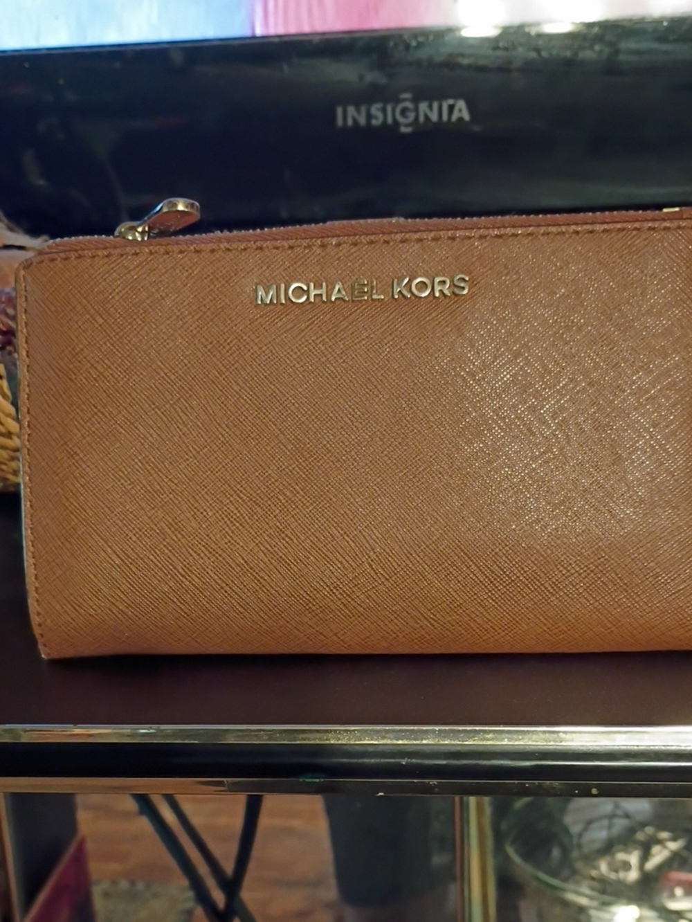 Michael Kors Saffiano Zip Wallet in Cognac Brown with Gold Logo